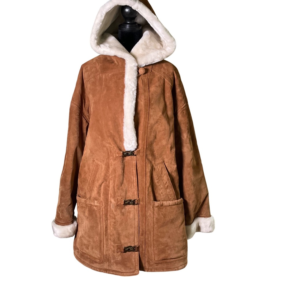 Gallery VTG 90s Genuine Suede Leather Faux Fur Lined Hooded Toggle Parka Coat L